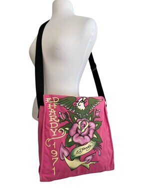 Ed Hardy Pink Canvas Messenger Bag With Rose & Anchor Tattoo Design Y2K Revival